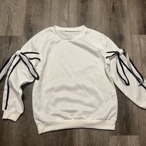 Men's/ Unisex White Crewneck Sweater with Black Tie-Stripe Sleeve Detail Size M